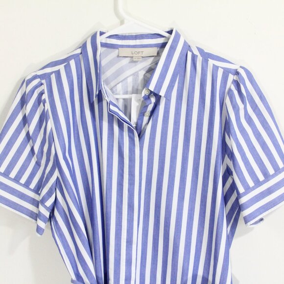 Loft Striped Shirt Dress Medium NEW Women Button Front Cotton Puff Sleeve - Picture 4 of 9